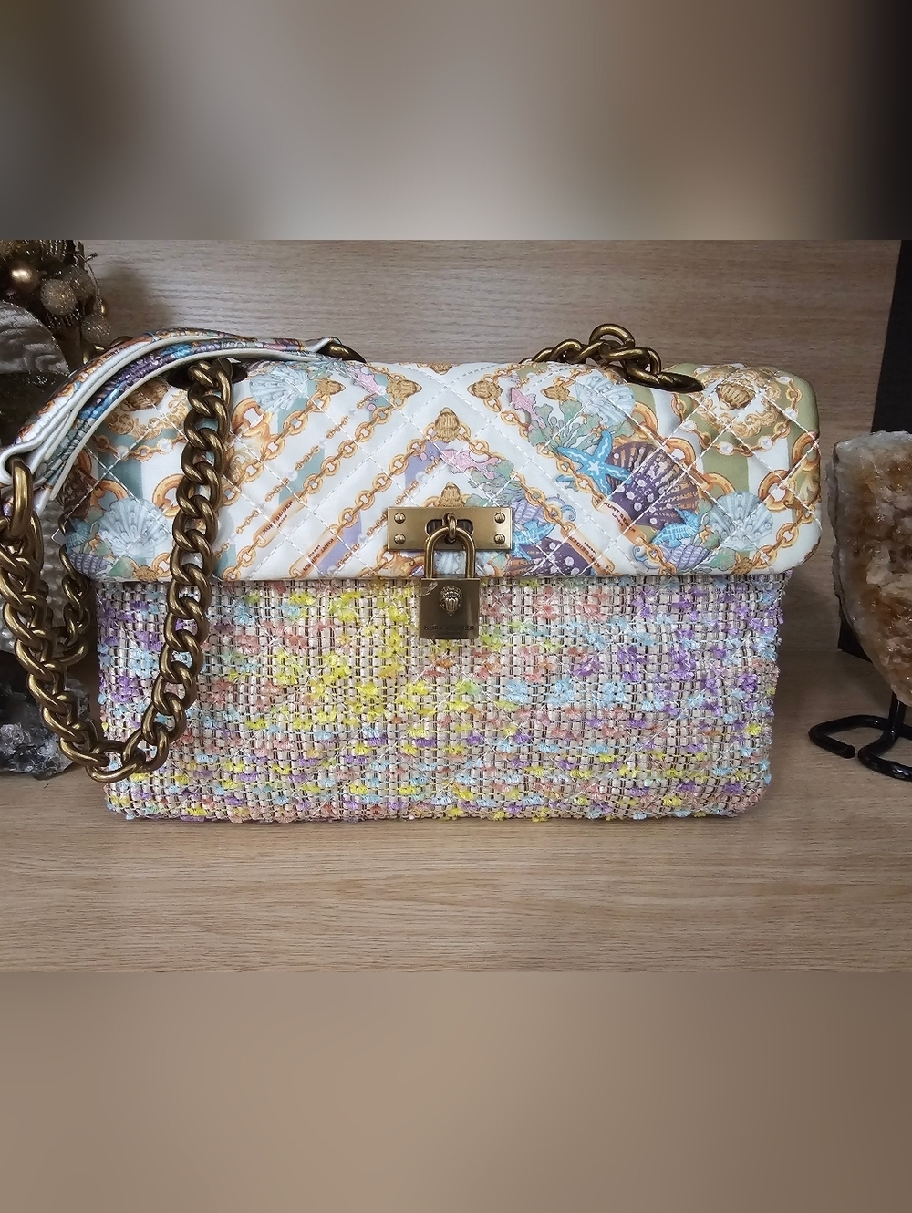 Kurt Geiger London Brixton Mixed Media Tweed Shoulder Bag with Gold Chain. - Picture 3 of 13